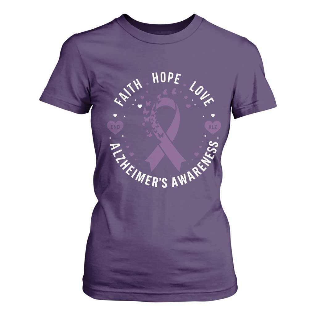 Faith Hope Love Purple Ribbon T Shirt For Women End Alzheimers Butterfly Graphic