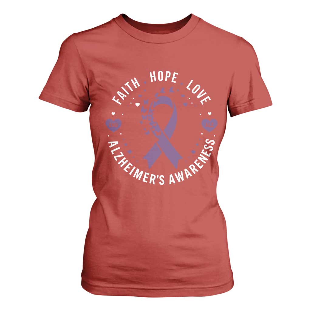 Faith Hope Love Purple Ribbon T Shirt For Women End Alzheimers Butterfly Graphic