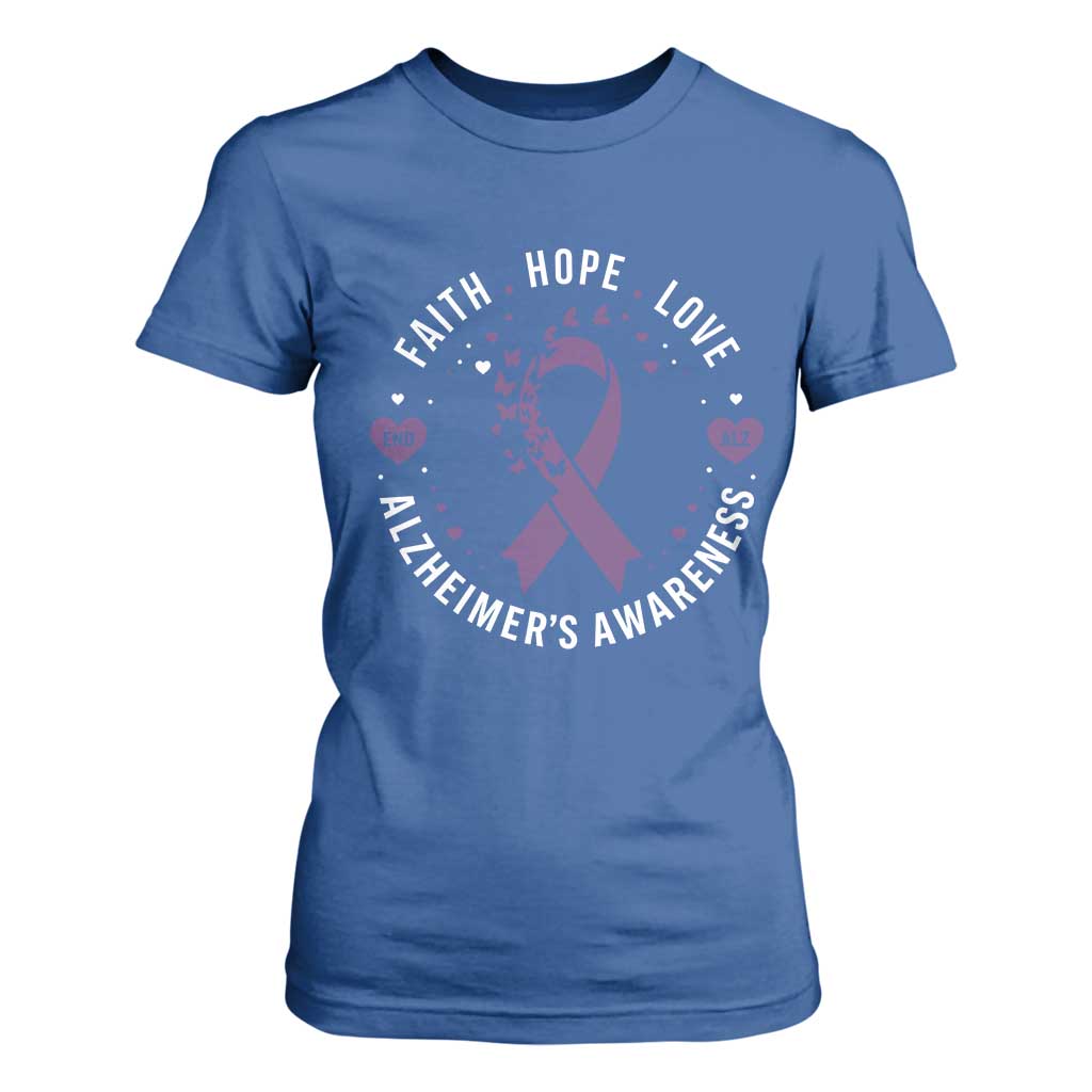 Faith Hope Love Purple Ribbon T Shirt For Women End Alzheimers Butterfly Graphic