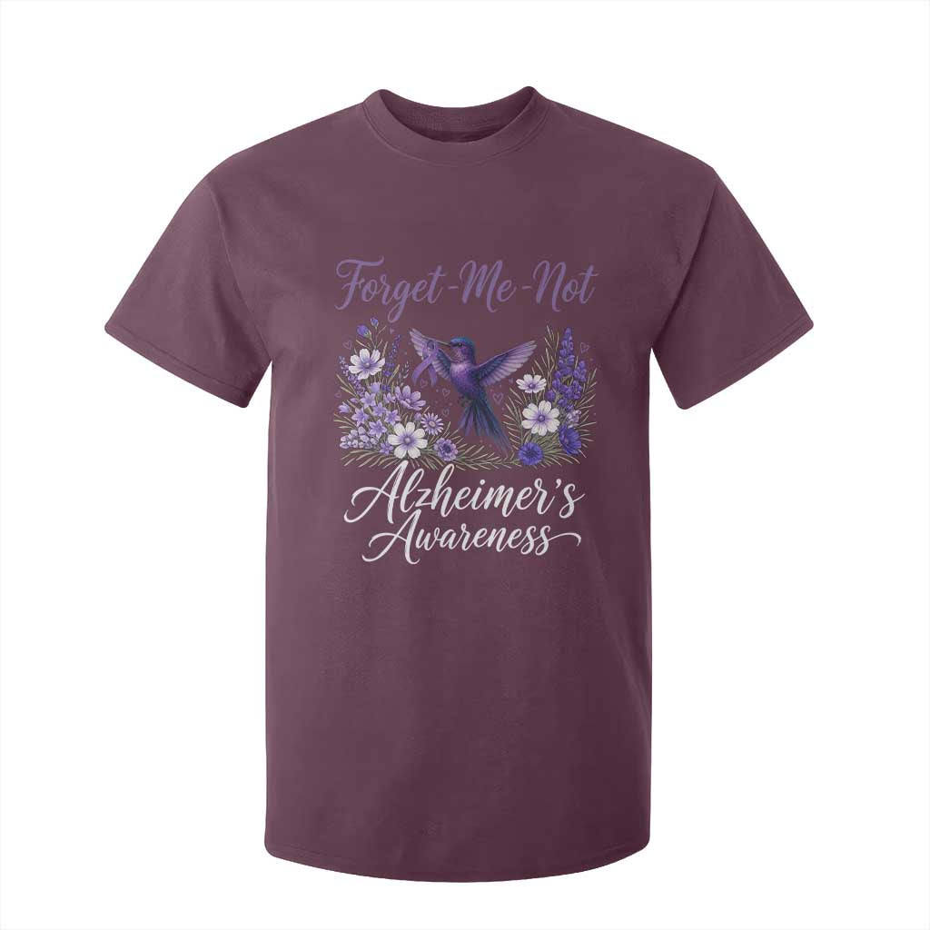 Forget Me Not Alzheimers Support T Shirt For Kid Hummingbird Purple Ribbon Floral