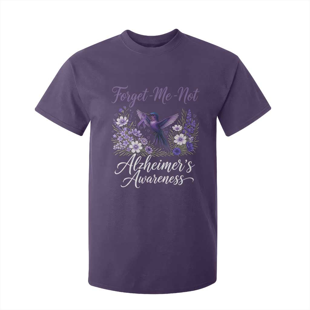 Forget Me Not Alzheimers Support T Shirt For Kid Hummingbird Purple Ribbon Floral