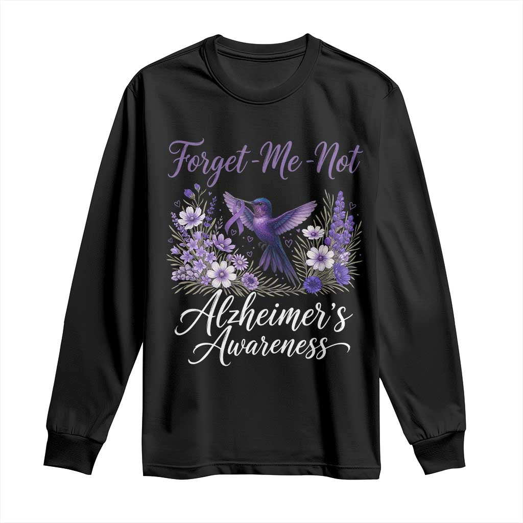 Forget Me Not Alzheimers Support Long Sleeve Shirt Hummingbird Purple Ribbon Floral