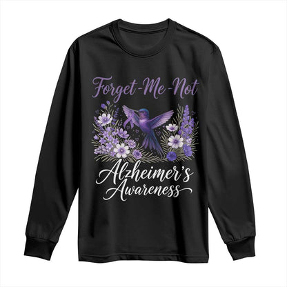 Forget Me Not Alzheimers Support Long Sleeve Shirt Hummingbird Purple Ribbon Floral