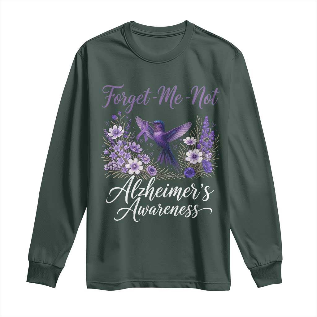 Forget Me Not Alzheimers Support Long Sleeve Shirt Hummingbird Purple Ribbon Floral
