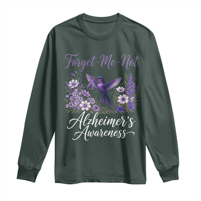 Forget Me Not Alzheimers Support Long Sleeve Shirt Hummingbird Purple Ribbon Floral