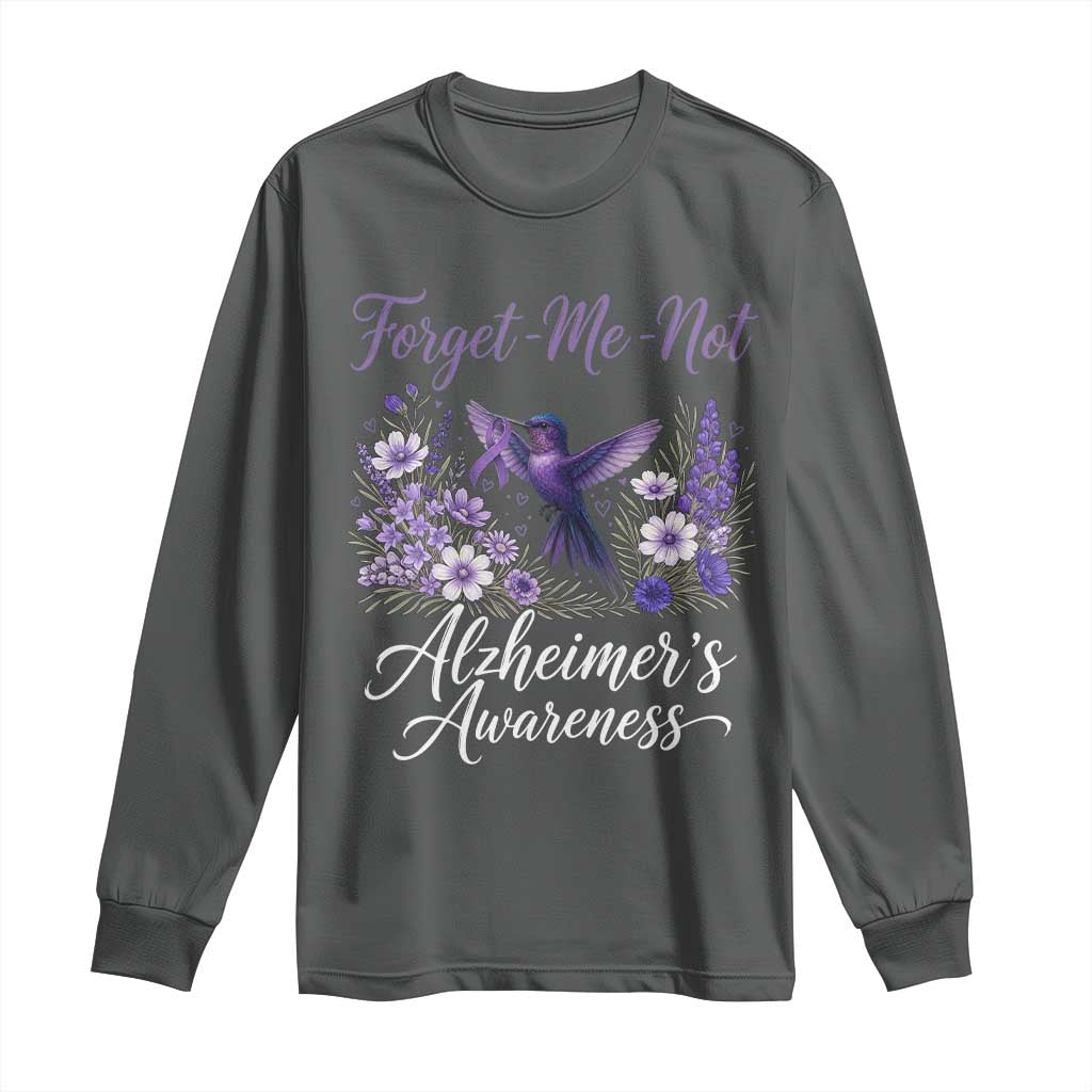 Forget Me Not Alzheimers Support Long Sleeve Shirt Hummingbird Purple Ribbon Floral