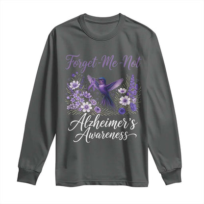 Forget Me Not Alzheimers Support Long Sleeve Shirt Hummingbird Purple Ribbon Floral