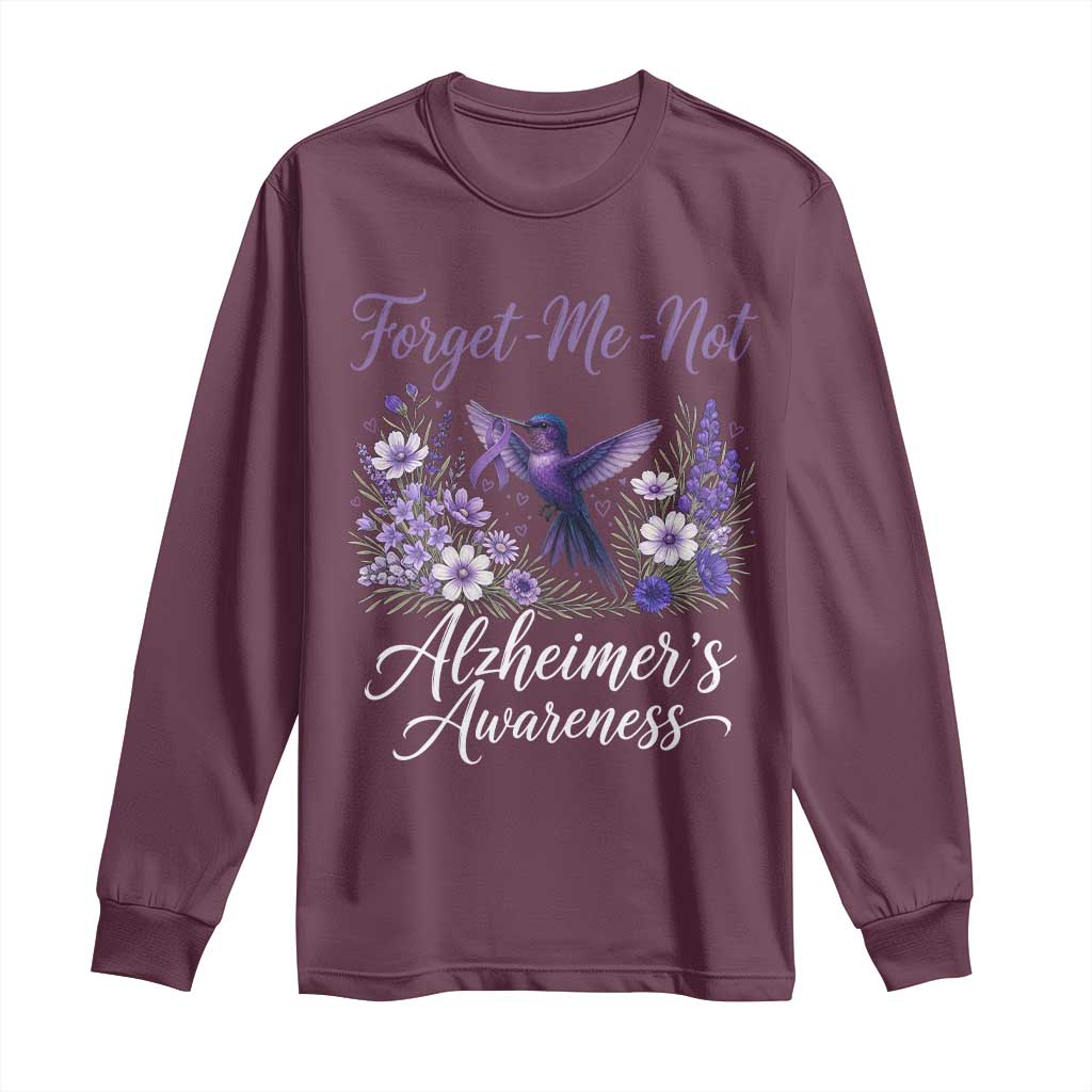 Forget Me Not Alzheimers Support Long Sleeve Shirt Hummingbird Purple Ribbon Floral