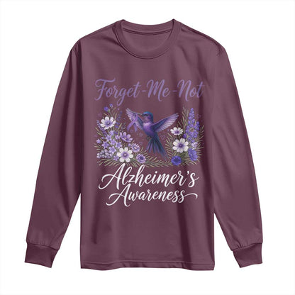 Forget Me Not Alzheimers Support Long Sleeve Shirt Hummingbird Purple Ribbon Floral