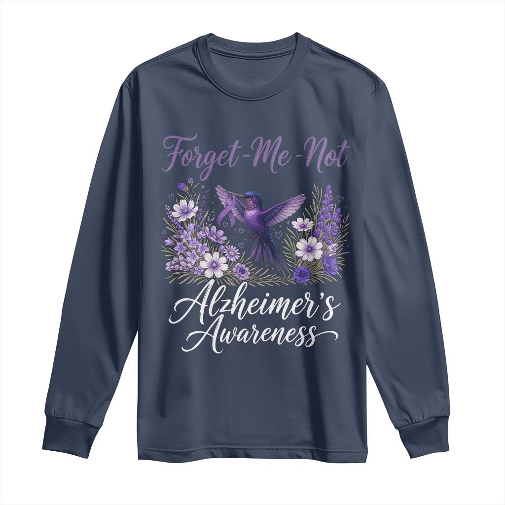 Forget Me Not Alzheimers Support Long Sleeve Shirt Hummingbird Purple Ribbon Floral