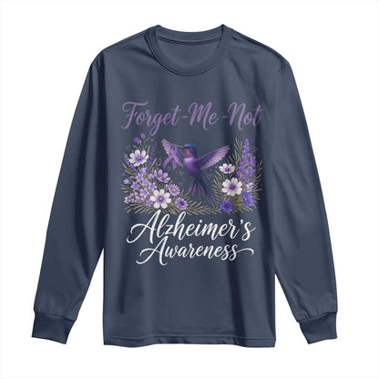 Forget Me Not Alzheimers Support Long Sleeve Shirt Hummingbird Purple Ribbon Floral