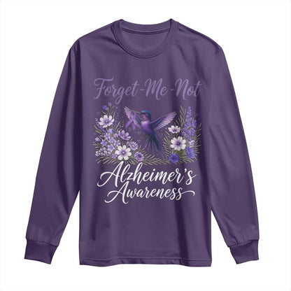 Forget Me Not Alzheimers Support Long Sleeve Shirt Hummingbird Purple Ribbon Floral