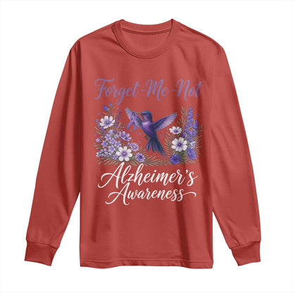 Forget Me Not Alzheimers Support Long Sleeve Shirt Hummingbird Purple Ribbon Floral