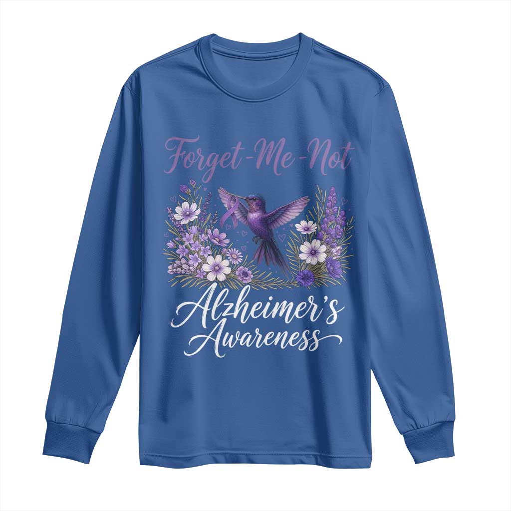 Forget Me Not Alzheimers Support Long Sleeve Shirt Hummingbird Purple Ribbon Floral