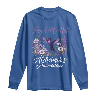 Forget Me Not Alzheimers Support Long Sleeve Shirt Hummingbird Purple Ribbon Floral