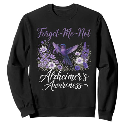 Forget Me Not Alzheimers Support Sweatshirt Hummingbird Purple Ribbon Floral