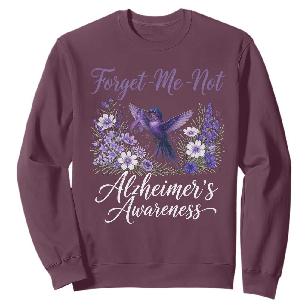 Forget Me Not Alzheimers Support Sweatshirt Hummingbird Purple Ribbon Floral