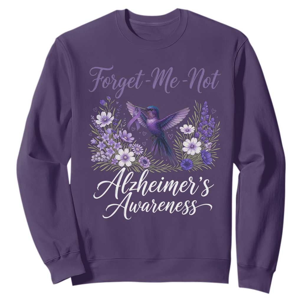 Forget Me Not Alzheimers Support Sweatshirt Hummingbird Purple Ribbon Floral