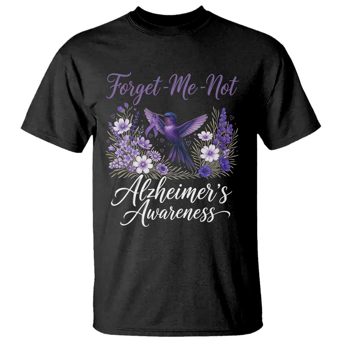 Forget Me Not Alzheimers Support T Shirt Hummingbird Purple Ribbon Floral