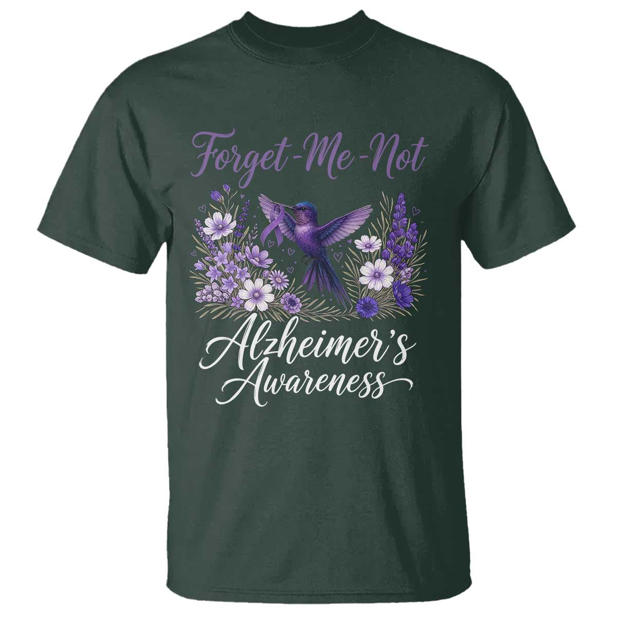 Forget Me Not Alzheimers Support T Shirt Hummingbird Purple Ribbon Floral