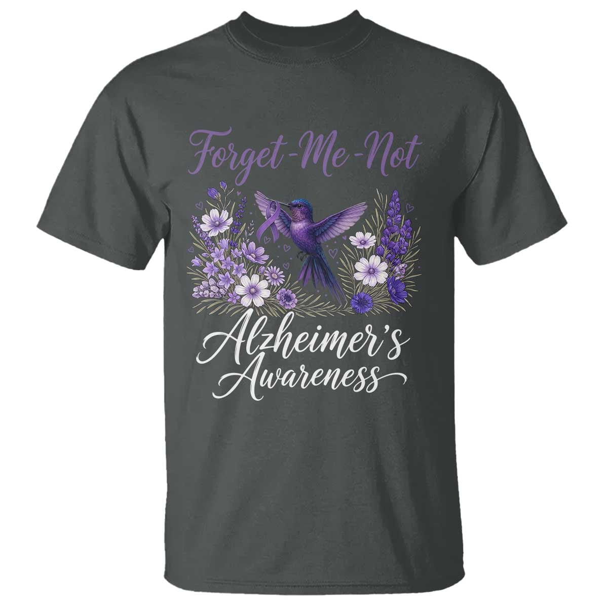 Forget Me Not Alzheimers Support T Shirt Hummingbird Purple Ribbon Floral