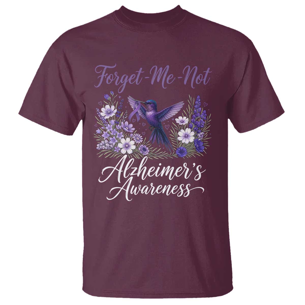Forget Me Not Alzheimers Support T Shirt Hummingbird Purple Ribbon Floral