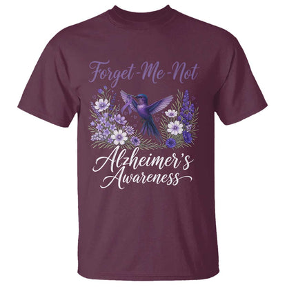 Forget Me Not Alzheimers Support T Shirt Hummingbird Purple Ribbon Floral