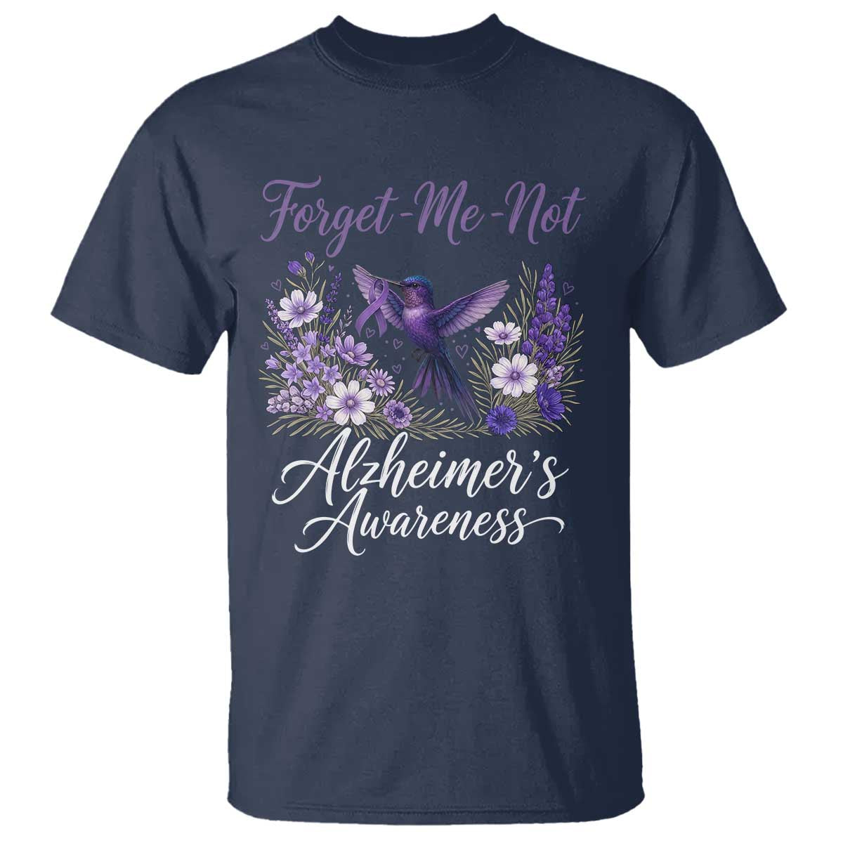 Forget Me Not Alzheimers Support T Shirt Hummingbird Purple Ribbon Floral