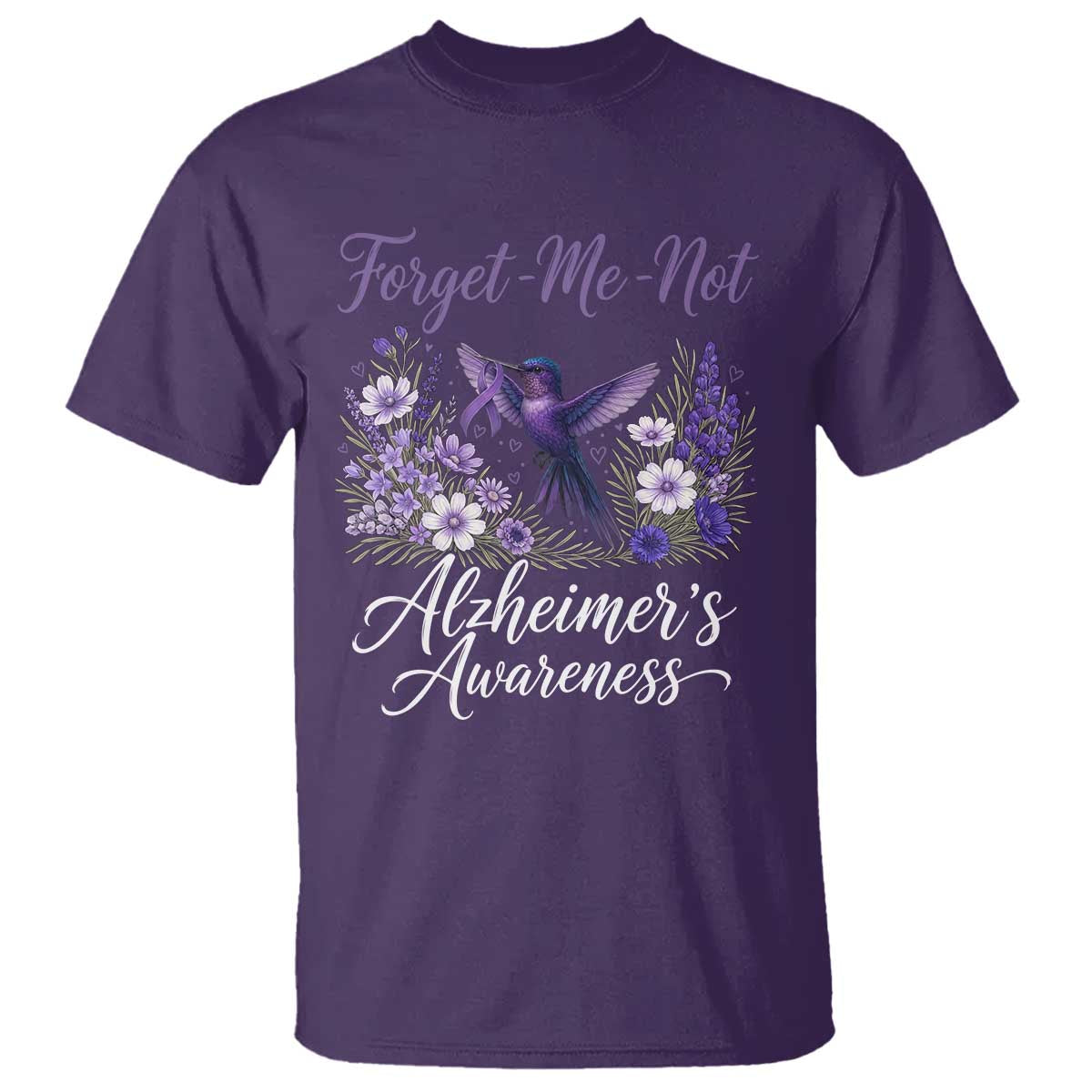 Forget Me Not Alzheimers Support T Shirt Hummingbird Purple Ribbon Floral