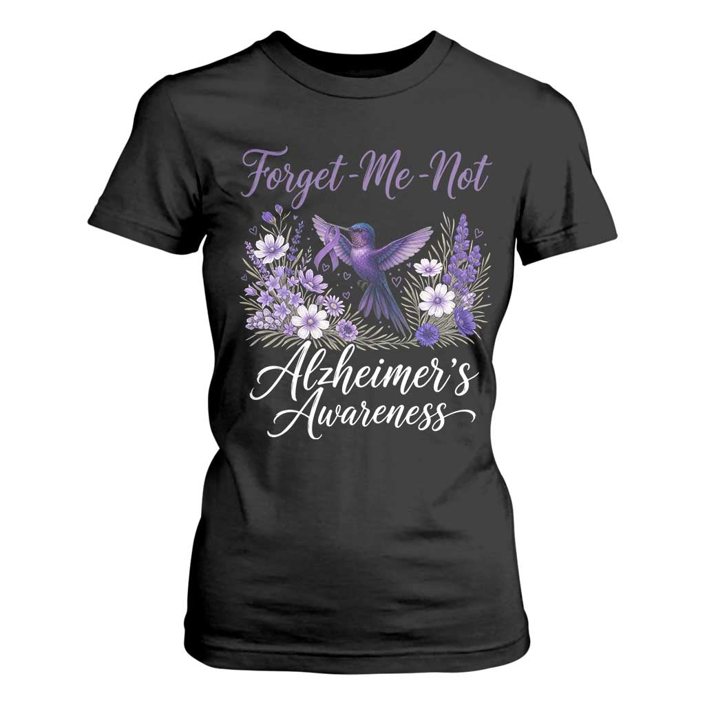 Forget Me Not Alzheimers Support T Shirt For Women Hummingbird Purple Ribbon Floral