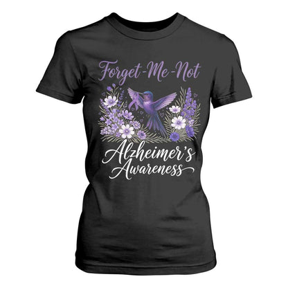 Forget Me Not Alzheimers Support T Shirt For Women Hummingbird Purple Ribbon Floral