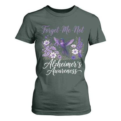 Forget Me Not Alzheimers Support T Shirt For Women Hummingbird Purple Ribbon Floral