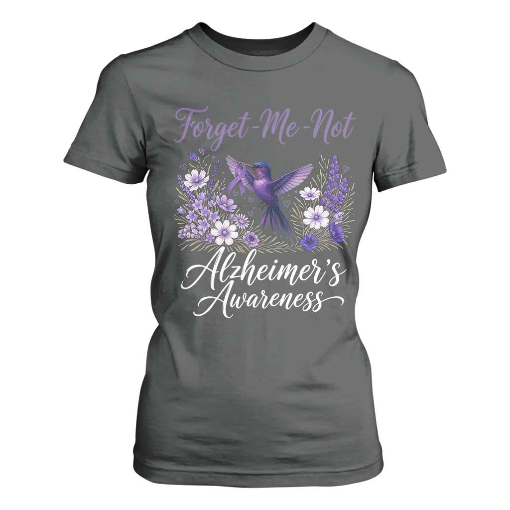 Forget Me Not Alzheimers Support T Shirt For Women Hummingbird Purple Ribbon Floral