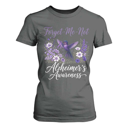 Forget Me Not Alzheimers Support T Shirt For Women Hummingbird Purple Ribbon Floral