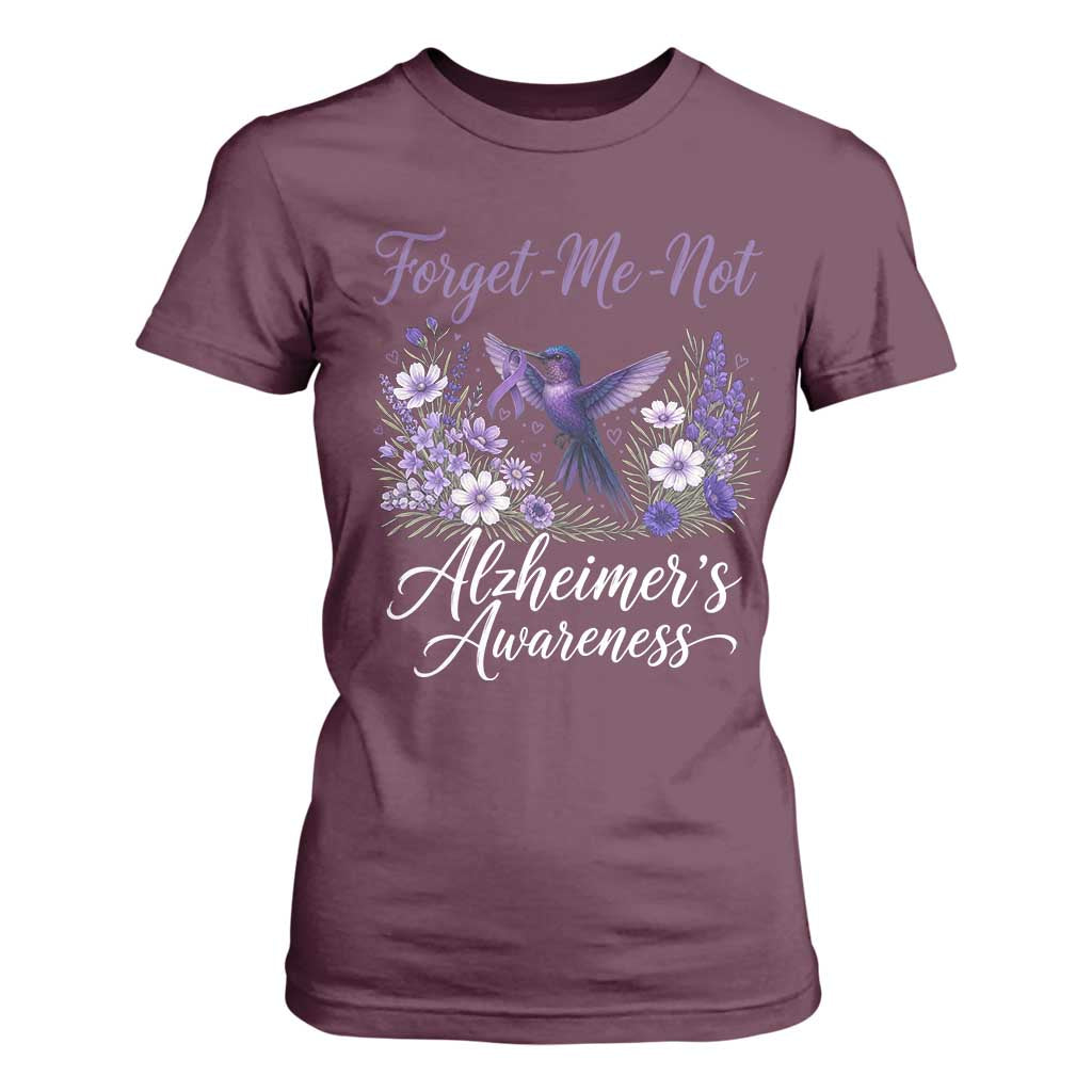 Forget Me Not Alzheimers Support T Shirt For Women Hummingbird Purple Ribbon Floral