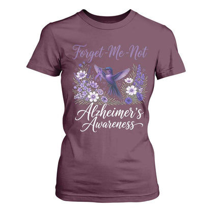 Forget Me Not Alzheimers Support T Shirt For Women Hummingbird Purple Ribbon Floral