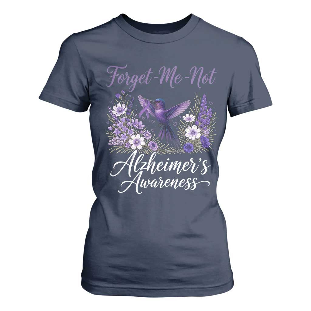 Forget Me Not Alzheimers Support T Shirt For Women Hummingbird Purple Ribbon Floral