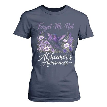 Forget Me Not Alzheimers Support T Shirt For Women Hummingbird Purple Ribbon Floral