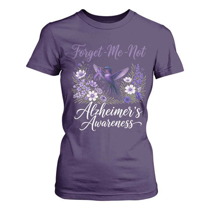 Forget Me Not Alzheimers Support T Shirt For Women Hummingbird Purple Ribbon Floral