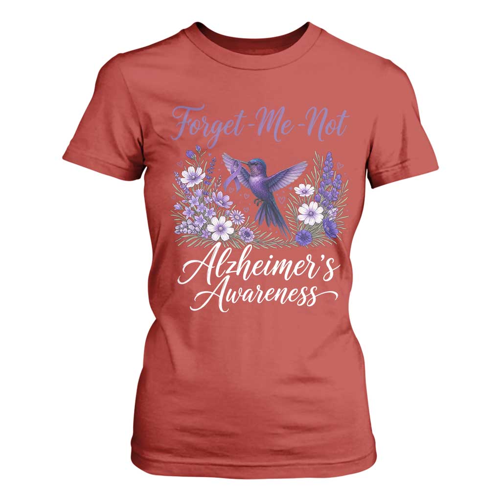 Forget Me Not Alzheimers Support T Shirt For Women Hummingbird Purple Ribbon Floral
