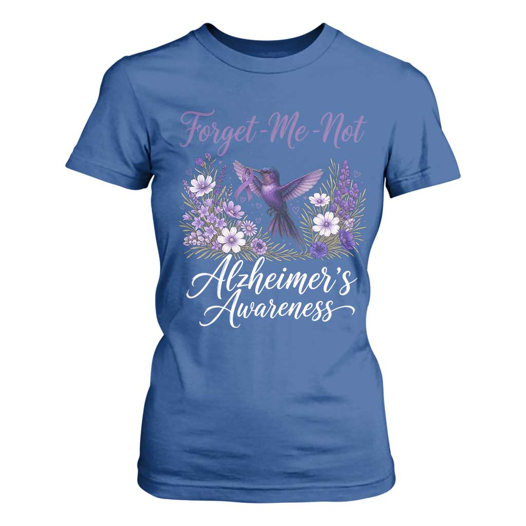 Forget Me Not Alzheimers Support T Shirt For Women Hummingbird Purple Ribbon Floral