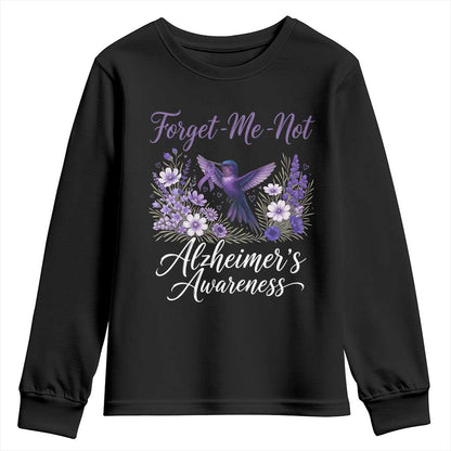 Forget Me Not Alzheimers Support Youth Sweatshirt Hummingbird Purple Ribbon Floral