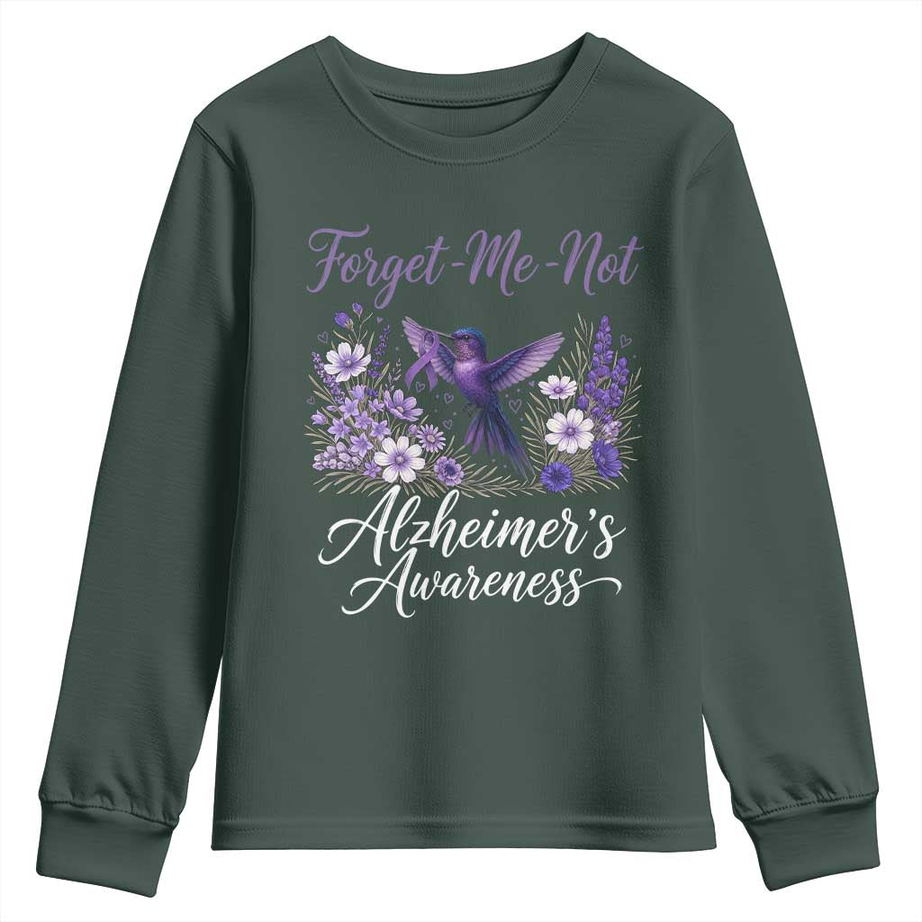 Forget Me Not Alzheimers Support Youth Sweatshirt Hummingbird Purple Ribbon Floral