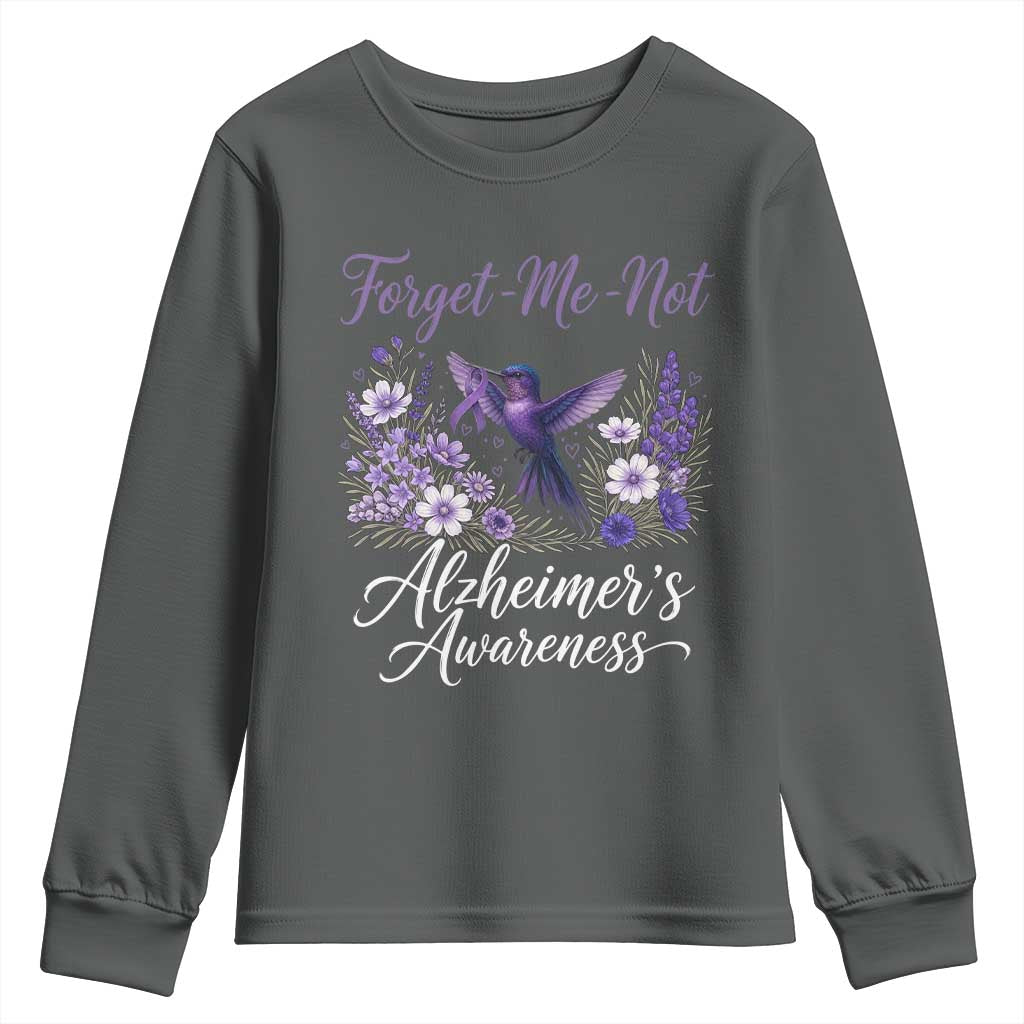 Forget Me Not Alzheimers Support Youth Sweatshirt Hummingbird Purple Ribbon Floral