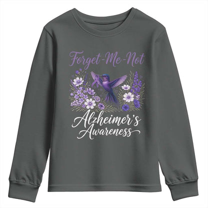 Forget Me Not Alzheimers Support Youth Sweatshirt Hummingbird Purple Ribbon Floral