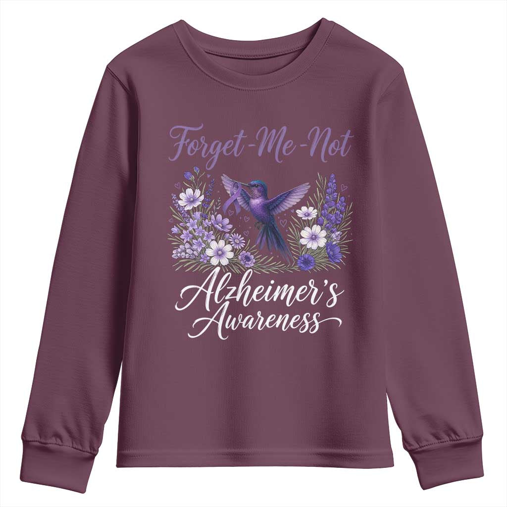 Forget Me Not Alzheimers Support Youth Sweatshirt Hummingbird Purple Ribbon Floral