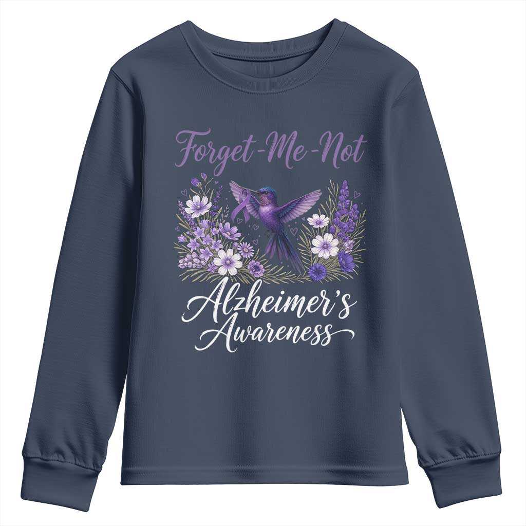 Forget Me Not Alzheimers Support Youth Sweatshirt Hummingbird Purple Ribbon Floral