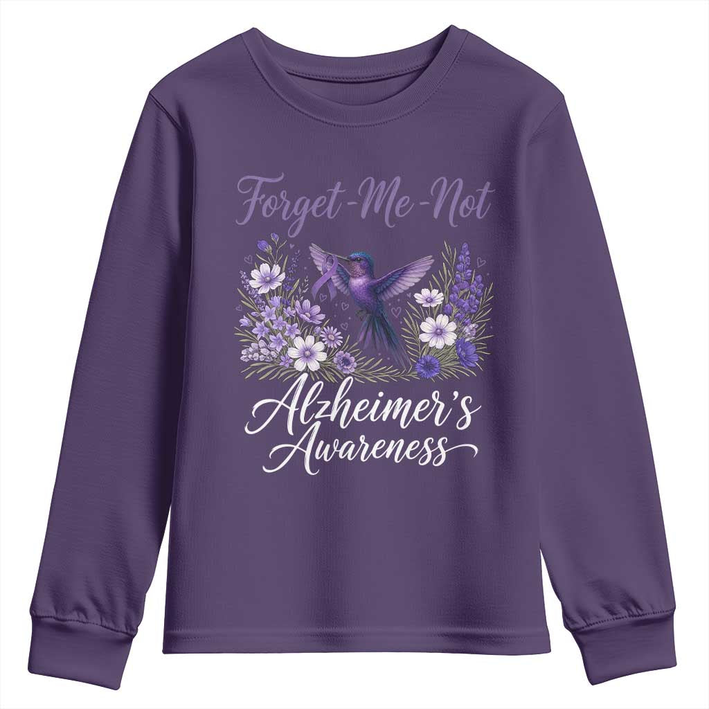 Forget Me Not Alzheimers Support Youth Sweatshirt Hummingbird Purple Ribbon Floral