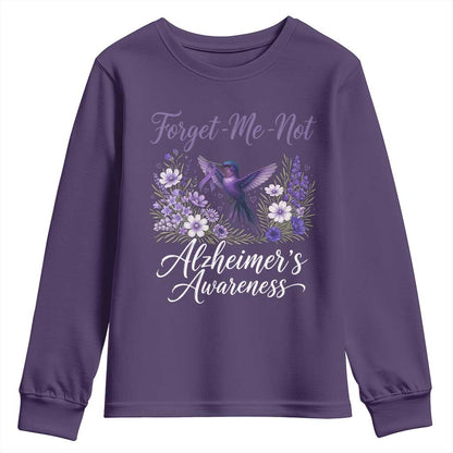 Forget Me Not Alzheimers Support Youth Sweatshirt Hummingbird Purple Ribbon Floral