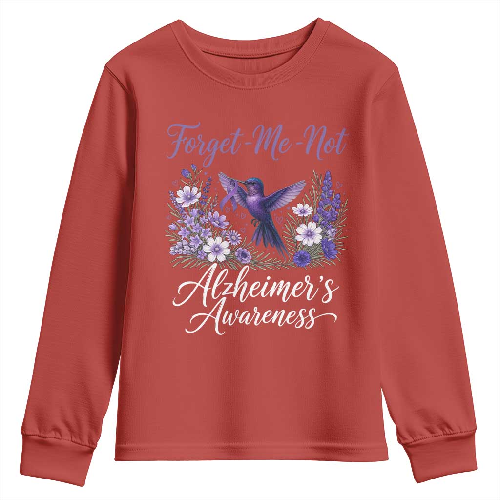 Forget Me Not Alzheimers Support Youth Sweatshirt Hummingbird Purple Ribbon Floral